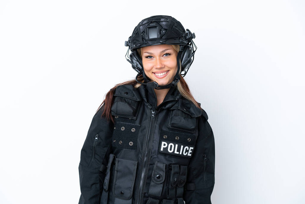 SWAT Russian woman isolated on white background laughing - Foto, Bild