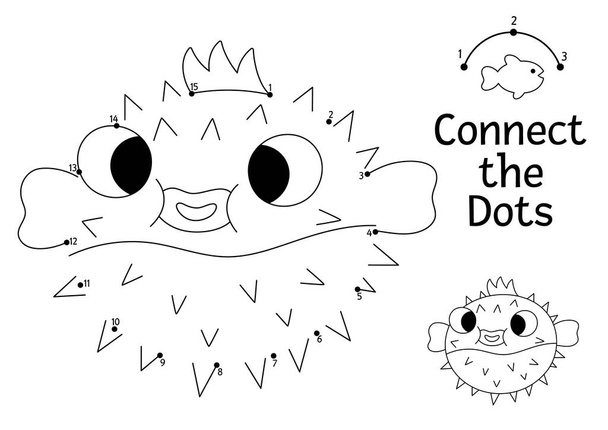 Vector dot-to-dot and color activity with cute blow fish. Under the sea connect the dots game for children with funny water animal. Ocean life coloring page for kids. Printable workshee - Vector, Image