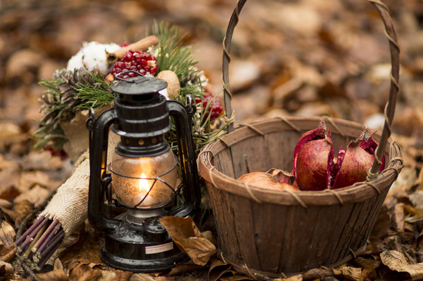 Jesień-martwa natura z granatu w kosz i ropy naftowej Lampa - Zdjęcie, obraz