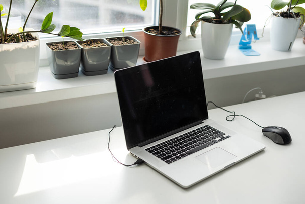 design de local de trabalho com laptop e xícara de café no escritório em casa. Foto de alta qualidade - Foto, Imagem