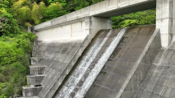 Cascatas de água para baixo derrame de barragem de concreto na floresta. Imagens 4k de alta qualidade - Filmagem, Vídeo