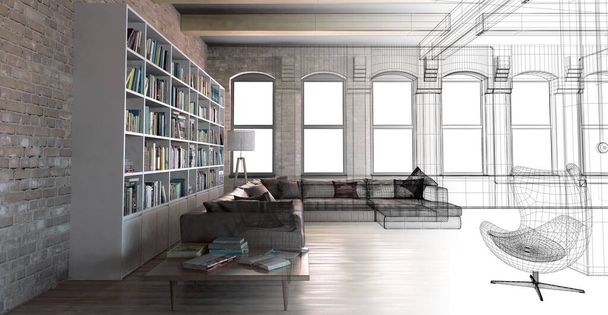 Könyvtári szoba 3D-s rendezése - Fotó, kép