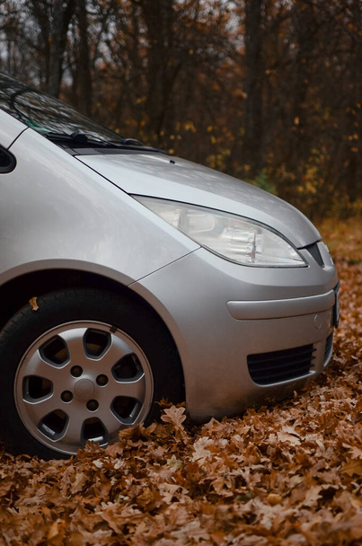 a closeup shot of an autumn yellow car with snow and a shadow on it in the forest.Hood of the car.Gray car in autumn leaves. Wheels and lights.Autumn nature.Mitsubishi.car rental.driving school - Photo, Image