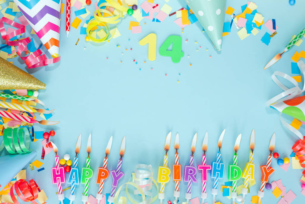 Top view card happy birthday with number  14. Copy space. Postcard holiday anniversary. Happy birthday multicolored background for mensto text, with a numeral with pretty decorations in pastel colors. - 写真・画像