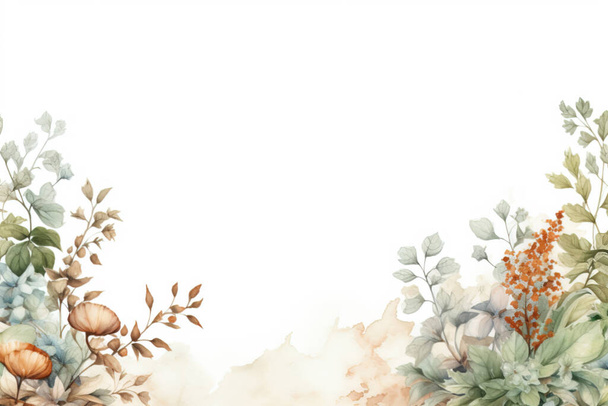 Feuilles et fleurs aquarelle pâle sur fond blanc - bannière de conception botanique verticale. Aquarelle pastel florale, style vintage - Photo, image