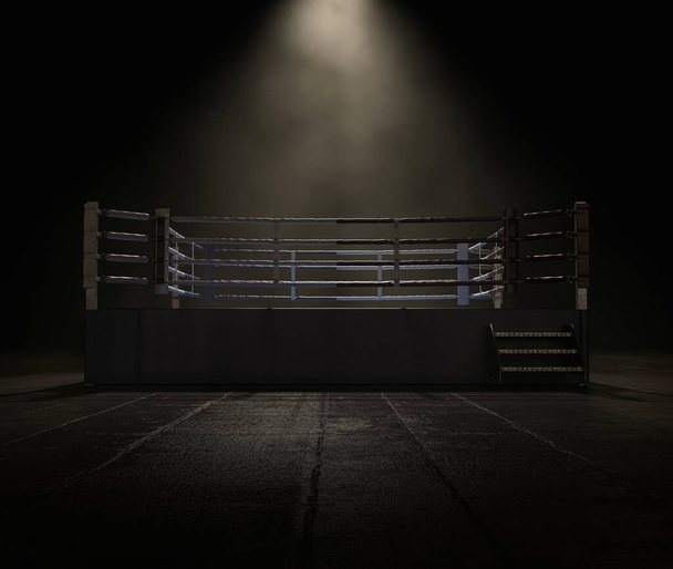 Çapraz mavi ve kırmızı köşeli modern bir boks ringi koyu ve uğursuz bir arka planda yer alıyor. - Fotoğraf, Görsel