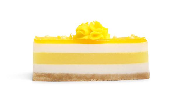 Piece of delicious cheesecake with lemon isolated on white - Photo, image