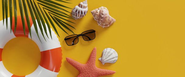 Fond de vacances d'été avec un tas de coquillages, un chapeau de paille, et un tube de natation avec des feuilles. Rendu 3d - Photo, image
