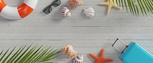 Nyári vakáció háttér egy csomó kagyló, egy szalmakalap, és egy úszócső levelekkel. 3D-s renderelés - Fotó, kép