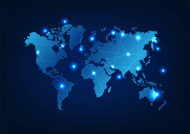 Maailman kartta teknologian tausta Nopea internet-verkkoyhteys, joka kattaa koko maailman Se on tekniikka, joka auttaa välittämään tietoa, kommunikoimaan, tekemään liiketoimintaa helpommin. - Vektori, kuva