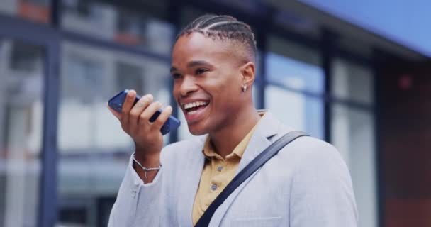 Speaker phone call, communication and happy black man networking, chat discussion or consulting with business contact. Recording app, speech to text software or city person send voicemail. - Footage, Video