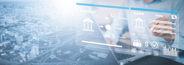 χρηματοοικονομικά και τραπεζικά ψηφιακά, επιχειρηματίες που χρησιμοποιούν φορητούς υπολογιστές με ηλεκτρονικές τραπεζικές υπηρεσίες και πληρωμές, χρηματοοικονομικά και τραπεζικά δίκτυα. AI, Σύνδεση δικτύου πελατών, Ψηφιακό μάρκετινγκ. ασφάλεια κυβερνοχώρου.  - Φωτογραφία, εικόνα