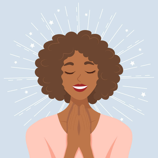 Mental health Healthy mental state, self-love, self-care, self-acceptance. Happy woman with stars. Illustration, vector - Vector, Image