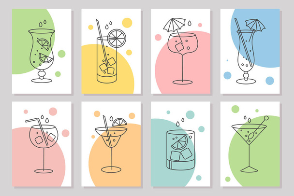 A set of posters with refreshing fruit cocktails with various drinks, ice cubes, straws and umbrellas. Drink icons, cafe menu, vector - Vector, Image