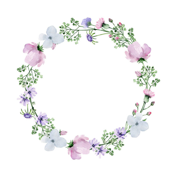 Watercolor floral wreath.Wildflowers round frame.Card.Circle border isolated on white - Fotografie, Obrázek