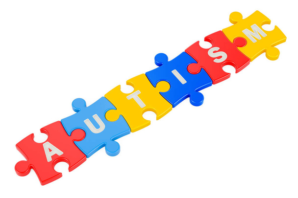 Renkli bulmacalardan otizm kelimesi, beyaz arkaplanda 3 boyutlu görüntüleme - Fotoğraf, Görsel