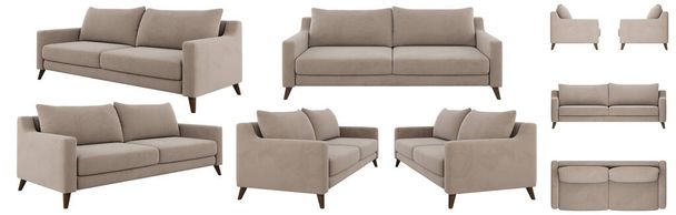 Modern stylish velvet beige sofa with legs. Several angles of the sofa on a white background. Realistic image. Rendering 3d. - Zdjęcie, obraz