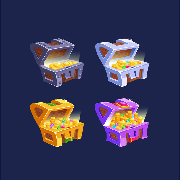 Open Treasure Chests with Gold and Gemstones. Game Icons, Assets With A Sense Of Mystery, Adventure, And Excitement. Hidden Rewards, Thrilling Gaming Experiences. Cartoon Vector Illustration - Vecteur, image