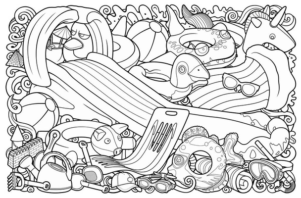 Cartoon lustige niedliche Kritzeleien handgezeichnet Sommer Strand Unterhaltung Kinder Illustration. Viele Freizeitobjekte skizzenhafter Vektor-Hintergrund. - Vektor, Bild