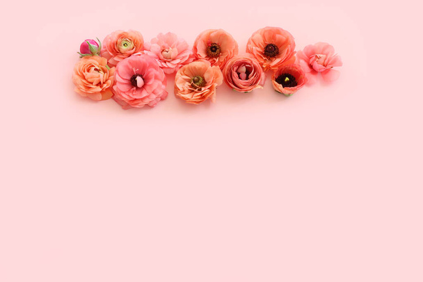 Top view image of pink flowers composition over pastel background - Foto, Bild