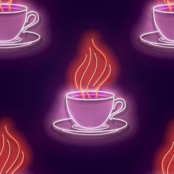 Seamless pattern with glow Cup of Coffee with Steam. Cafe Label. Cappuccino, Espresso, Americano Drink. Neon Light Texture, Signboard. Glossy Background. Vector 3d Illustration - Vektör, Görsel