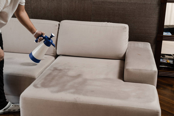 Process of dry cleaning for removing stains and dirt from couch at home. Professional cleaning service. Spraying detergent on couch for dry cleaning using extractor machine - Foto, imagen