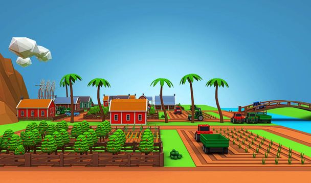 Stylized cartoon style farm with agricultural crops - Photo, Image