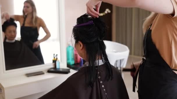 Hairdresser trimming brown hair with scissors. Woman cutting hair with barber scissors in beauty studio. Hair Stylist doing female haircut in hairdressing salon. Beauty and style concept. - Video