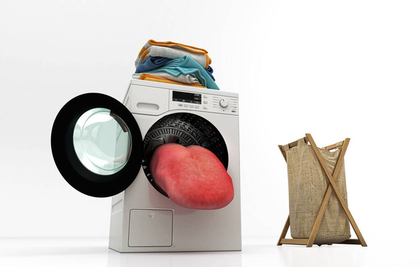 Anthropomorphic washing machine with tongue coming out of the drum, hygiene, cleaning, 3d rendering - Photo, Image