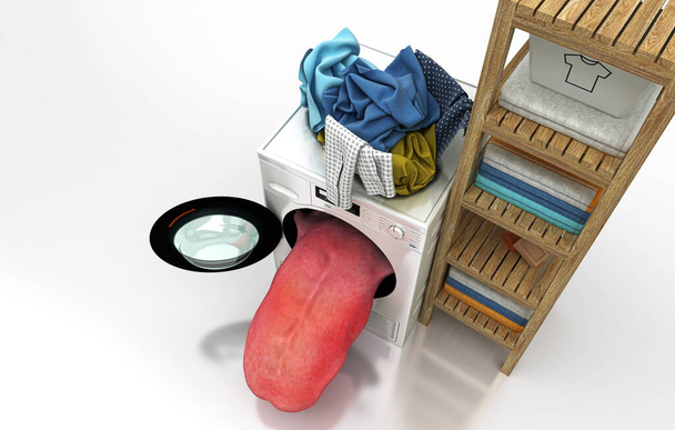 Ανθρωπομορφικό πλυντήριο ρούχων με γλώσσα που βγαίνει από το τύμπανο, υγιεινή, καθαρισμός, 3d απόδοση - Φωτογραφία, εικόνα