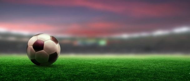 Voetbal op een groen grasveld, stadion achtergrond, kopieerruimte. 3d illustratie - Foto, afbeelding