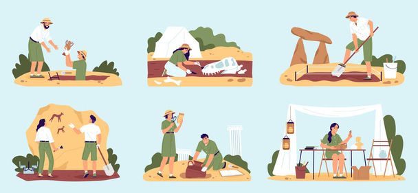 Archaeology color set with history symbols flat isolated vector illustration - Vector, Image