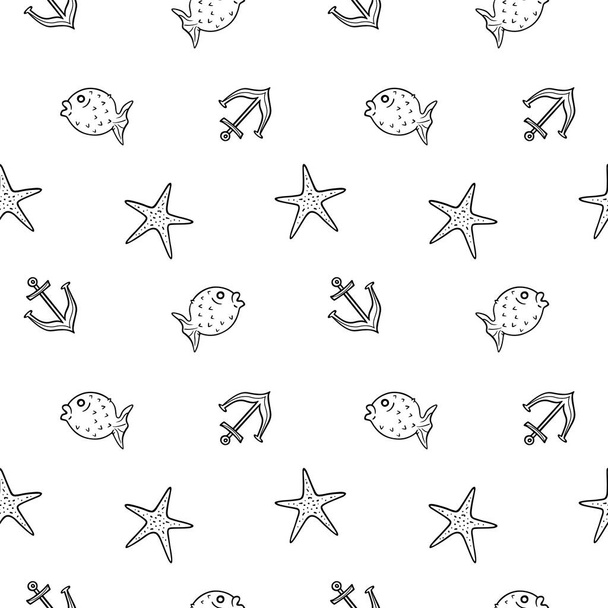 Summer seaside seamless pattern with hand drawn anchor, porcupinefish and starfish doodle isolated on white background. Decorative sailing vacation illustration for fabric, textile - Vector, afbeelding