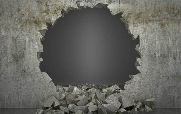 pęknięta ściana betonowa z pęknięciami i otworem - Zdjęcie, obraz