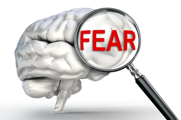 fear word on magnifying glass and human brain - Photo, Image