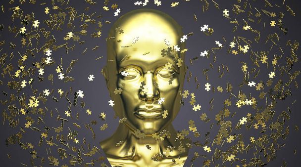 cabeza dorada de una mujer con una mascarilla cara dorada rodeada de piezas del rompecabezas, representación 3d, ilustración 3d - Foto, imagen