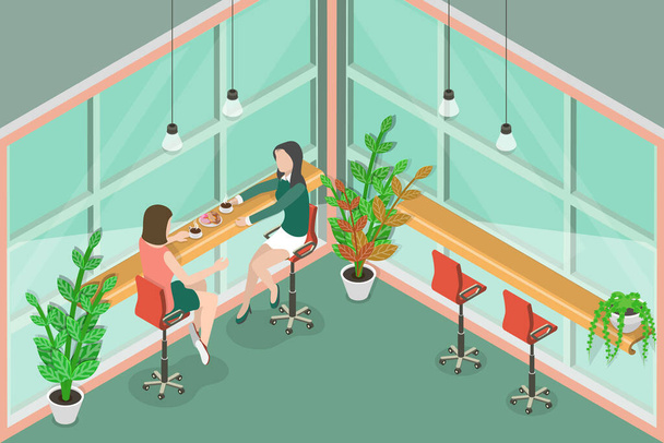 3D Isometrischer flacher Vektor Konzeptuelle Illustration einer gemeinsamen Mahlzeit von Frauen, Kaffeehausinnenraum - Vektor, Bild