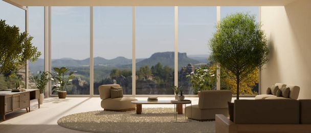 Interiérový design moderního luxusního prostorného obývacího pokoje s úžasnou velkou skleněnou stěnou s výhledem do přírody, krytým stromem, pohovkou, kobercem a bytovým nábytkem. 3D vykreslení, 3D ilustrace - Fotografie, Obrázek