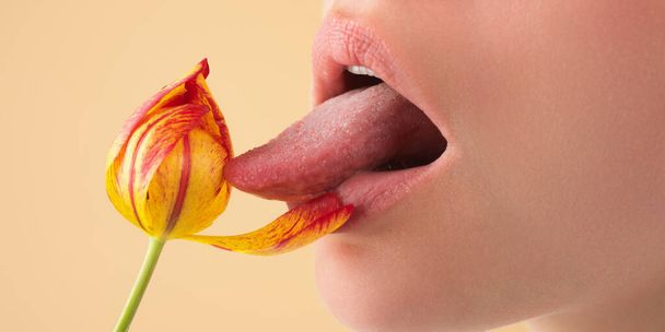 Licking lips. Woman mouth with sexy lips licking tongue flower. Mouth lick and suck close up. Beauty natural lips. Sensual licking, open sexy mouth. Sexy lick with tongue concept. Girl licking tulip - 写真・画像