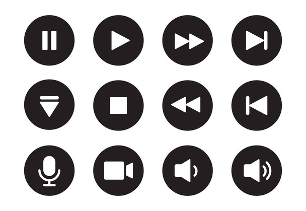 Audio, video, music player circle button icon. Sound control, play, pause button solid icon set. Camera, media control, microphone interface pictogram. Vector illustration. - Vector, Image