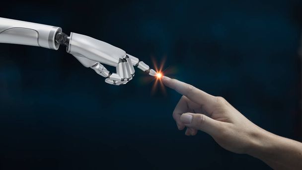 Main humain doigt toucher cyborg robot blanc rendu 3d. - Photo, image