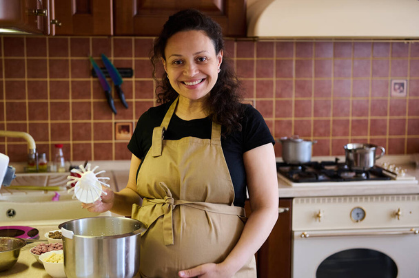 Sevimli, hamile bir kadının portresi, bej önlük takan şef pastacı, karnını tutuyor, gezegensel mikserde krema pişirirken kameraya gülümsüyor sıcak bir ev mutfağında. - Fotoğraf, Görsel