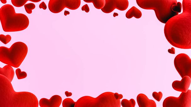 Representación 3D de postal con inscripción roja con corazones sobre fondo rosa. - Foto, Imagen