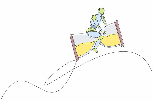Непрерывная одна линия рисования робота верхом и летать с песочными ракетами. Гуманоидный робот-кибернетический организм. Концепция развития робототехники будущего. Векторная графическая иллюстрация - Вектор,изображение