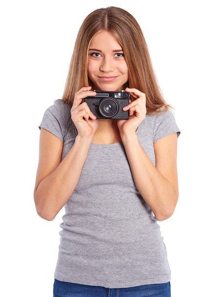 Pretty girl with old camera - Photo, image