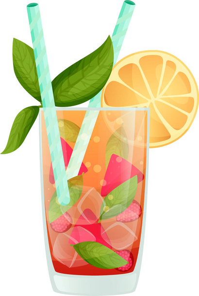 Освежающий летний коктейль, украшенный фруктовыми и мятными листьями, соломинками и коктейльными зонтиками, напитки, напоминающие о беззаботных летних каникулах   - Вектор,изображение