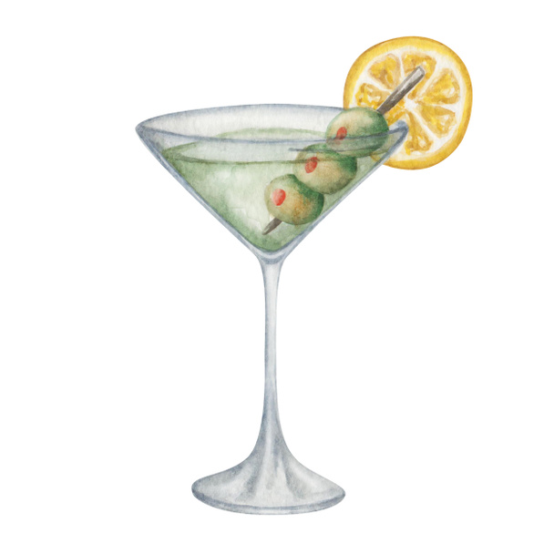 Aquarelillustratie. Handbeschilderde droge martini in martini glas met groene olijven en schijfje citroen. Vuile martini. Groene cocktail. Alcoholdrank. Geïsoleerde clip art voor menu 's, banners - Foto, afbeelding