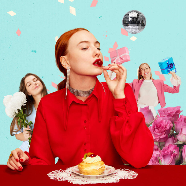 Birthday beautiful girl eating cherry from her pie. Friends meeting, surprise and greetings. Contemporary art collage. Concept of celebration and party, happiness and joy. Creative design for postcard - Valokuva, kuva