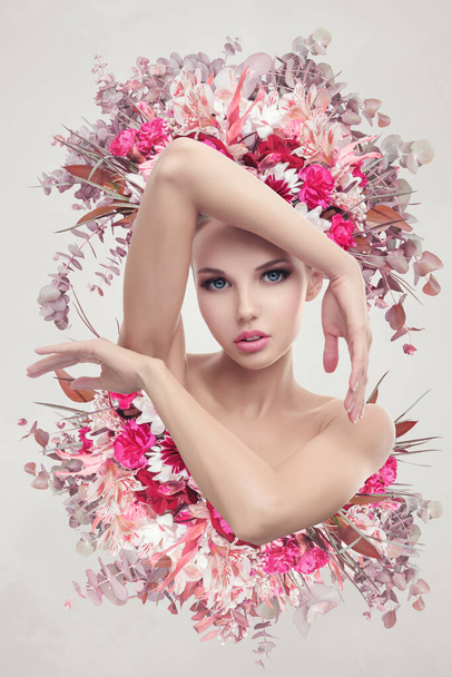 Abstract contemporary surreal art collage portrait of young woman with flowers - Photo, Image
