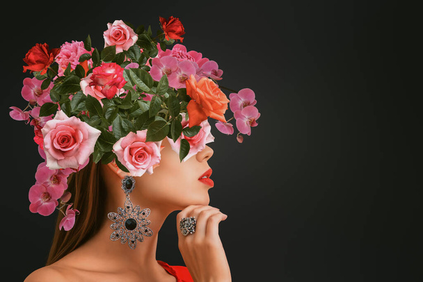 Abstract contemporary surreal art collage portrait of young woman with flowers - Fotografie, Obrázek